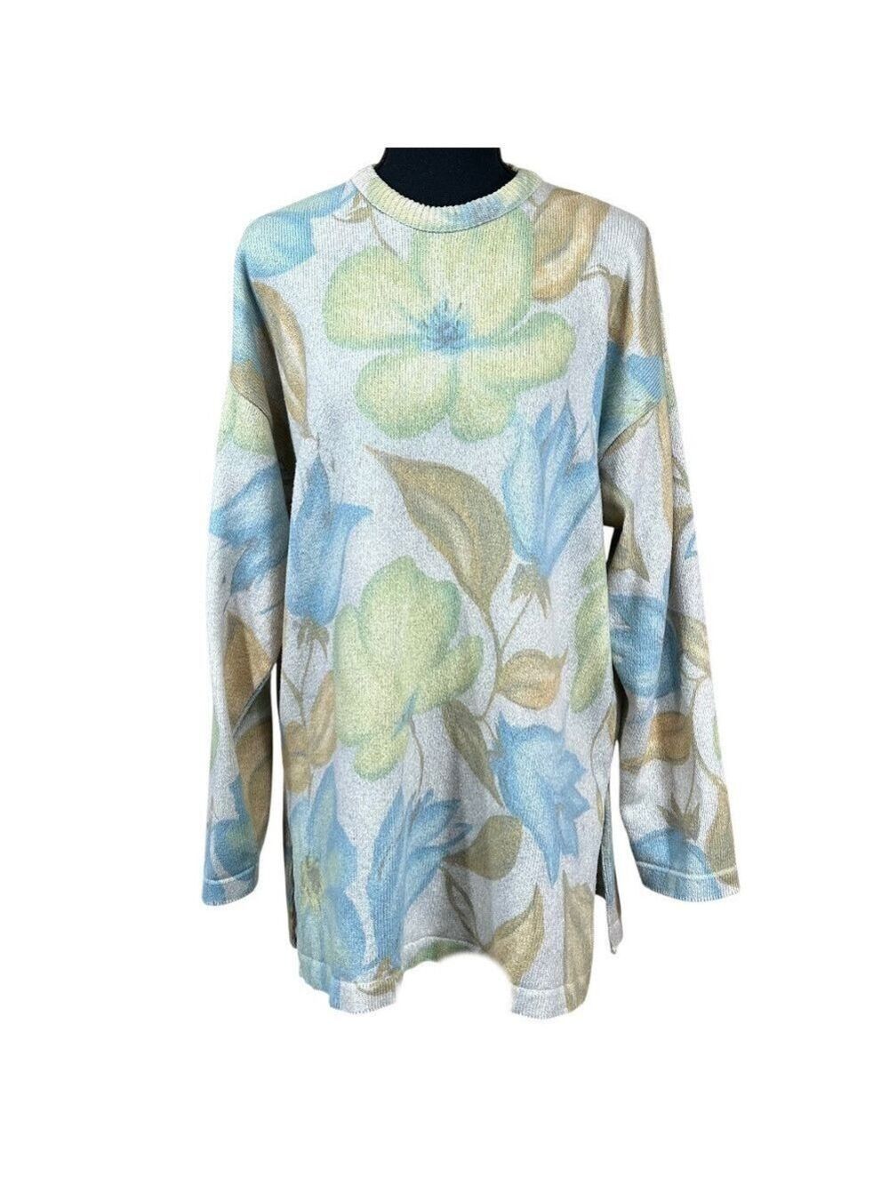 Gabriella T. Blue Floral Italy Cotton Linen Pullover Sweater Size L
